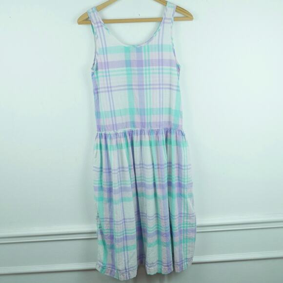 Vintage XXS Dress 80s Midi Pastel Plaid Drop Waist Cottagecore Preppy Cotton - Picture 1 of 7